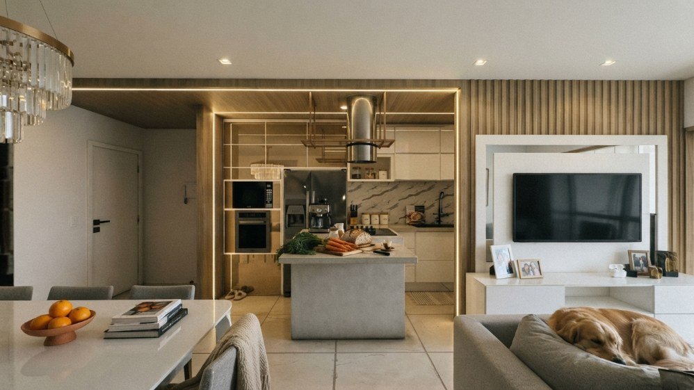 Ambiente integrado com cozinha, sala e painel de TV