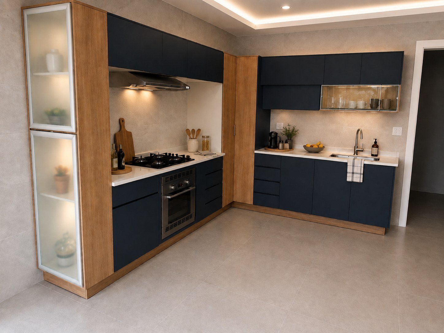 Cozinha com madeira e azul profundo