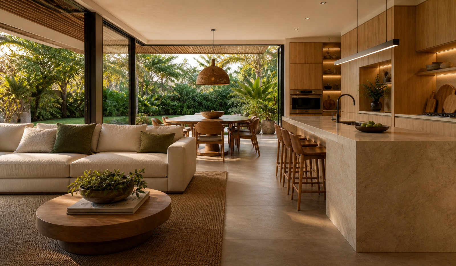 Ambiente integrado com sala, cozinha, ilha em pedra, madeira e jardim